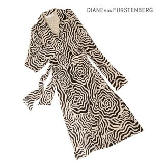 ダイアンフォンファステンバーグ(DIANE von FURSTENBERG)のダイアンフォンファステンバーグ■シルク ラップ ワンピース  総柄 ベージュ黒(ひざ丈ワンピース)