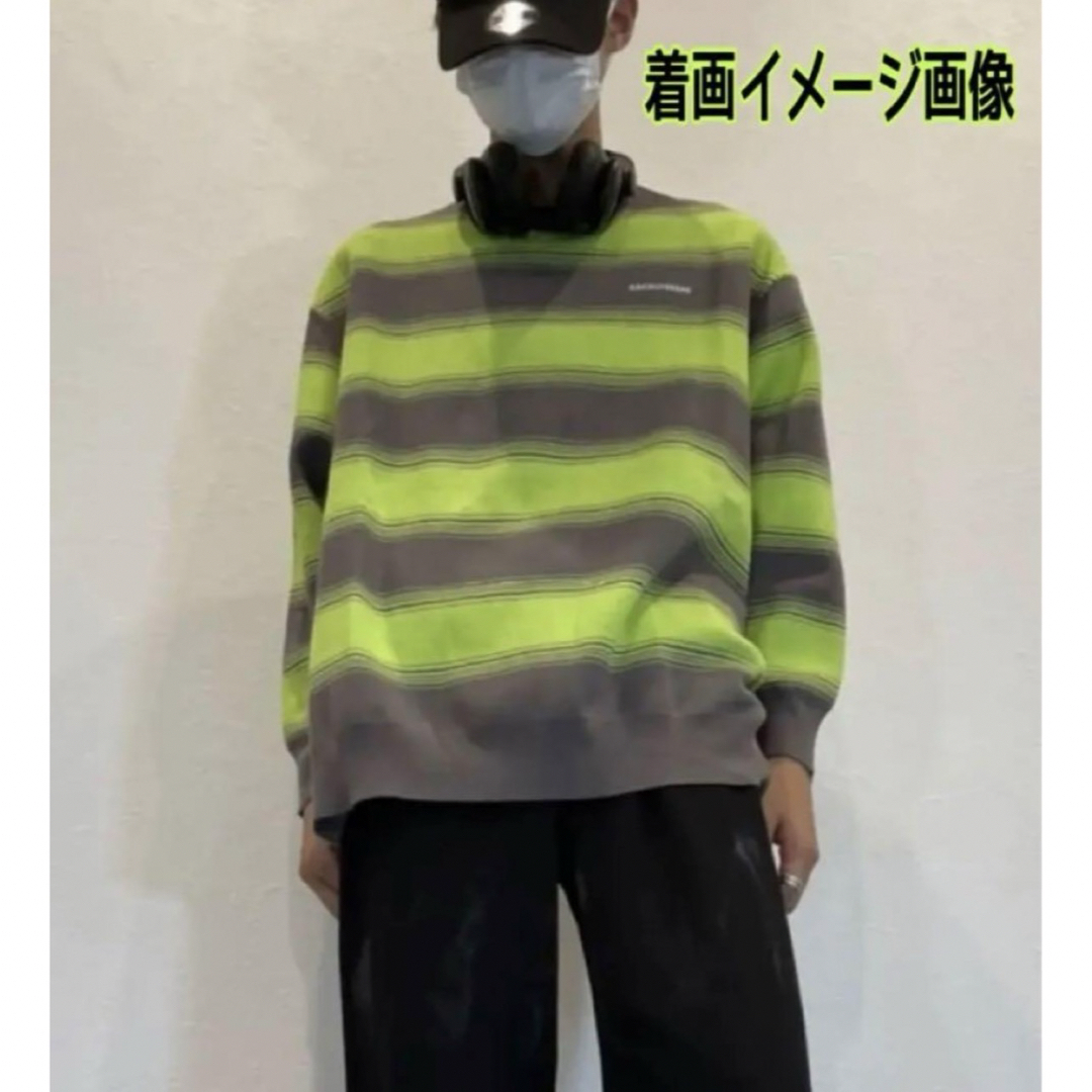 新品 ボーダークルーネックセーター ニット オーバーサイズ ゆったり 韓国 黄緑 メンズのトップス(ニット/セーター)の商品写真