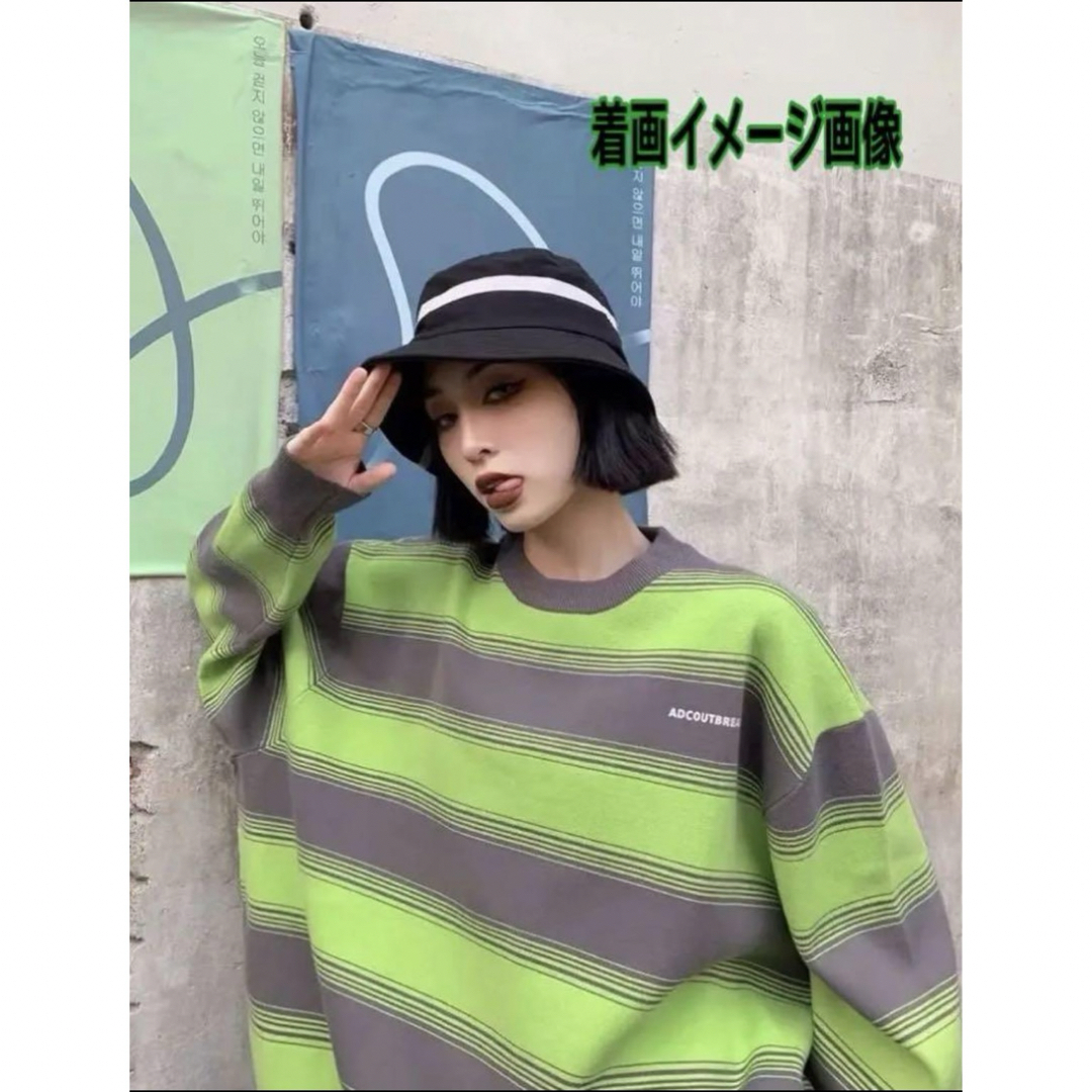 新品 ボーダークルーネックセーター ニット オーバーサイズ ゆったり 韓国 黄緑 レディースのトップス(ニット/セーター)の商品写真