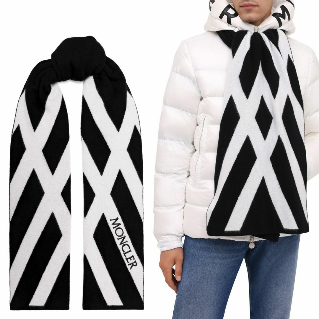 MONCLER(モンクレール)の送料無料 139 MONCLER ブラック×ホワイト SCIARPA ウール マフラー 3C00005 M1299 男女兼用 メンズのファッション小物(マフラー)の商品写真