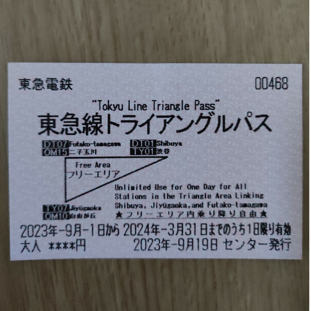 東急線トライアングルパス(2024年3月31日までの1日限り有効) チケットの乗車券/交通券(鉄道乗車券)の商品写真