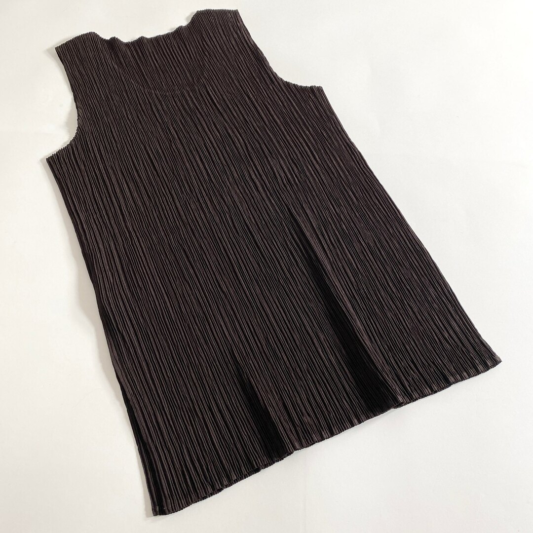 ISSEY MIYAKE(イッセイミヤケ)の41k21《美品》ISSEY MIYAKE イッセイミヤケ プリーツ タンクトップ M ブラウン PLEATS カットソー 日本製 レディースのトップス(Tシャツ(半袖/袖なし))の商品写真