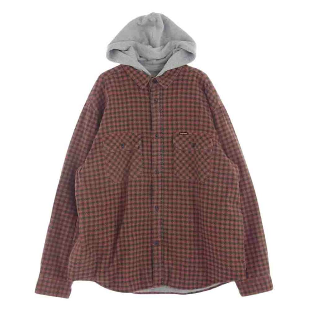 約76cm身幅Supreme シュプリーム 長袖シャツ 22FW Houndstooth Flannel Hooded Shirt ハウンドトゥース フランネル フーデッド シャツ エンジ系 L【極上美品】