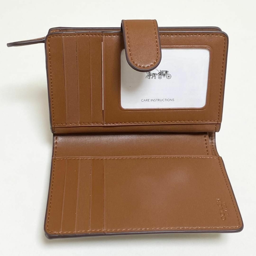 【送料無料】COACH 二つ折り財布　ミディアム　コーナージップ　カーキ×サドル
