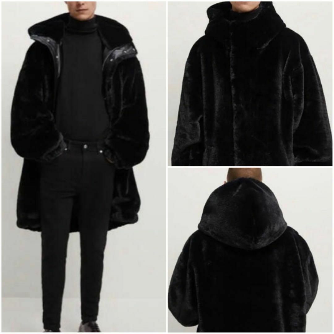 ひなの古着屋ZARA　メンズ　フーデットファーコート　レザーポイント使い　オーバーサイズ　黒