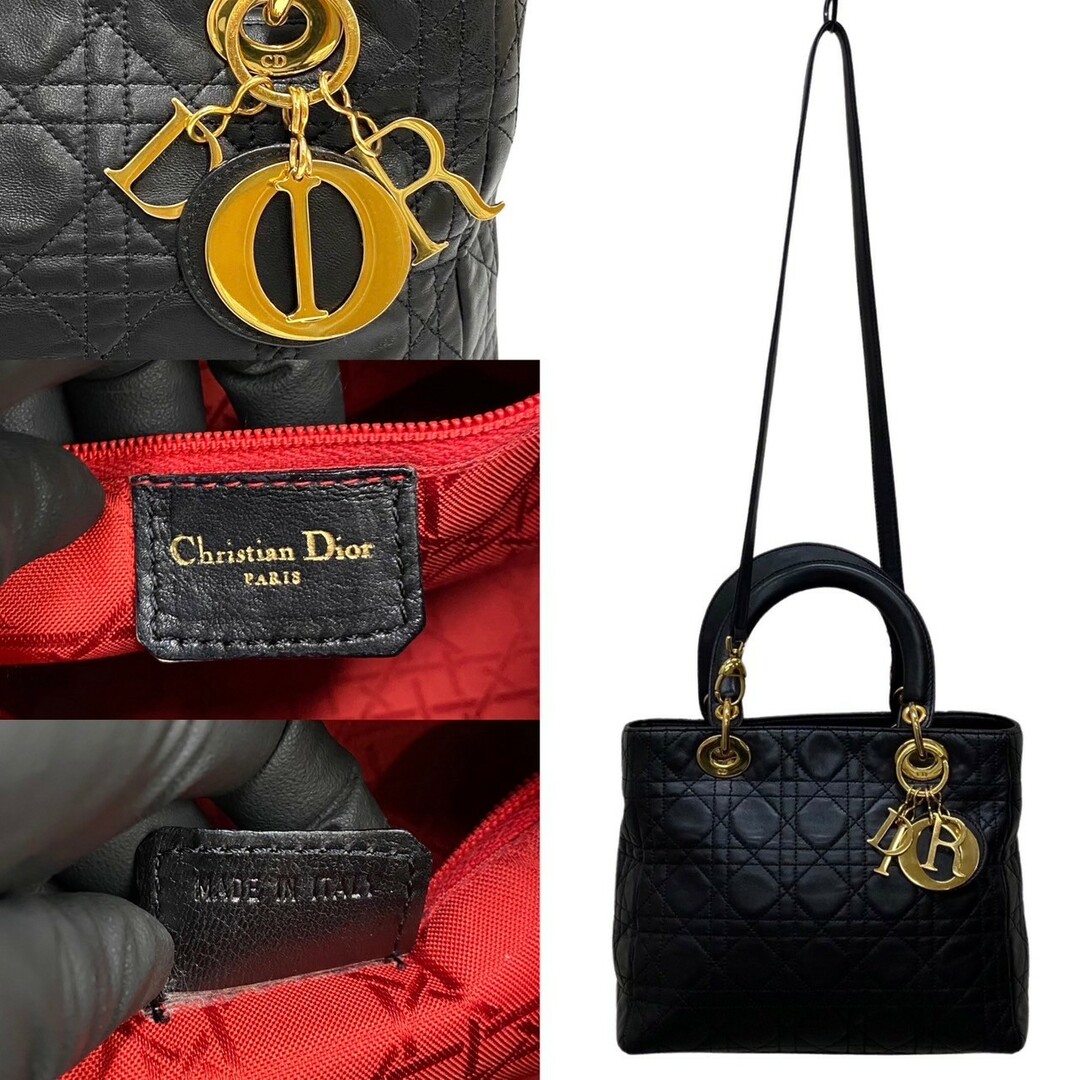 Dior(ディオール)の極 美品 レア Christian Dior ディオール レディディオール カナージュ レザー 本革 2way ハンドバッグ ショルダーバッグ ブラック 84590 レディースのバッグ(ハンドバッグ)の商品写真