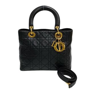 ディオール(Dior)の極 美品 レア Christian Dior ディオール レディディオール カナージュ レザー 本革 2way ハンドバッグ ショルダーバッグ ブラック 84590(ハンドバッグ)