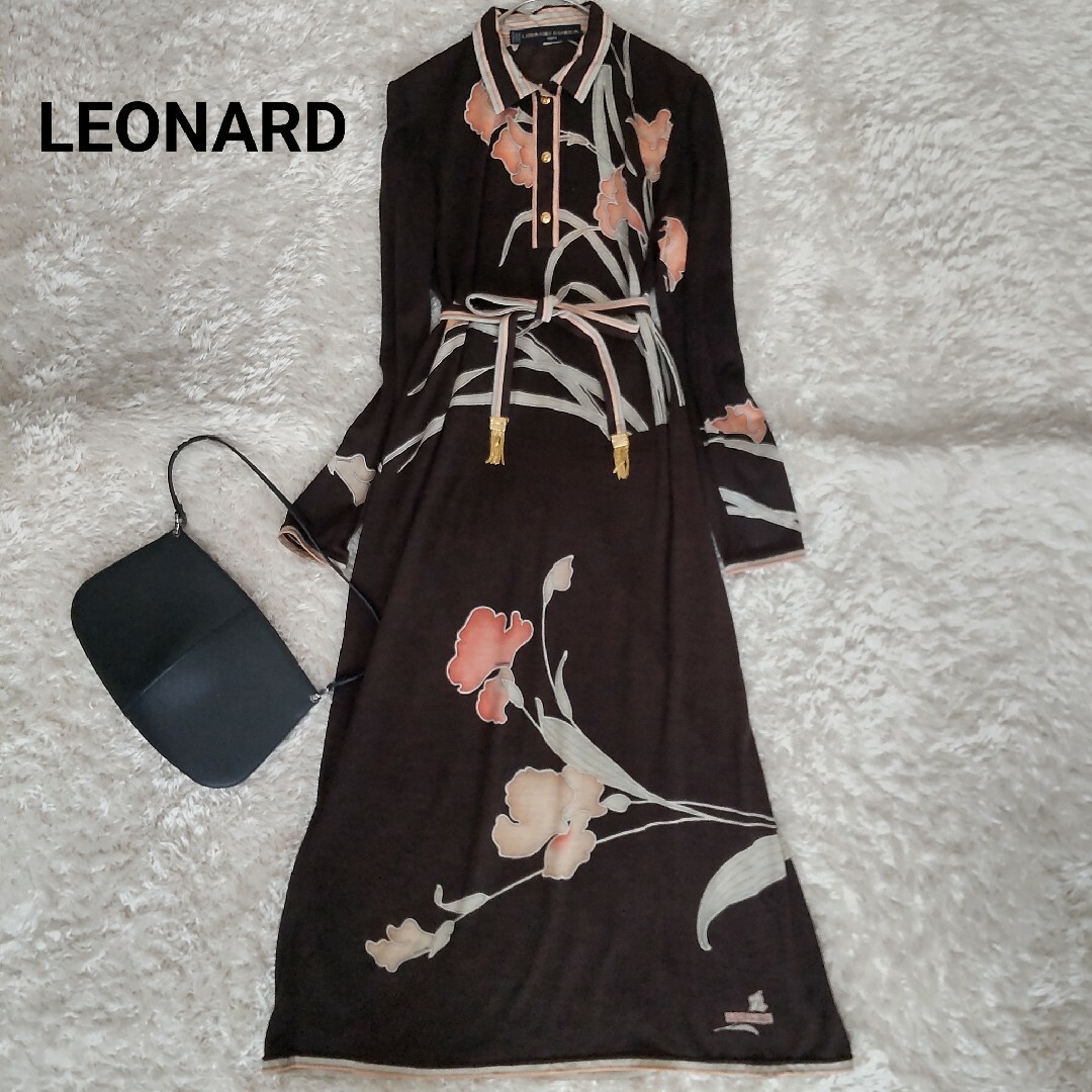 美品 レオナール LEONARD 花柄 カンカン ワンピース 長袖 ロング丈 黒