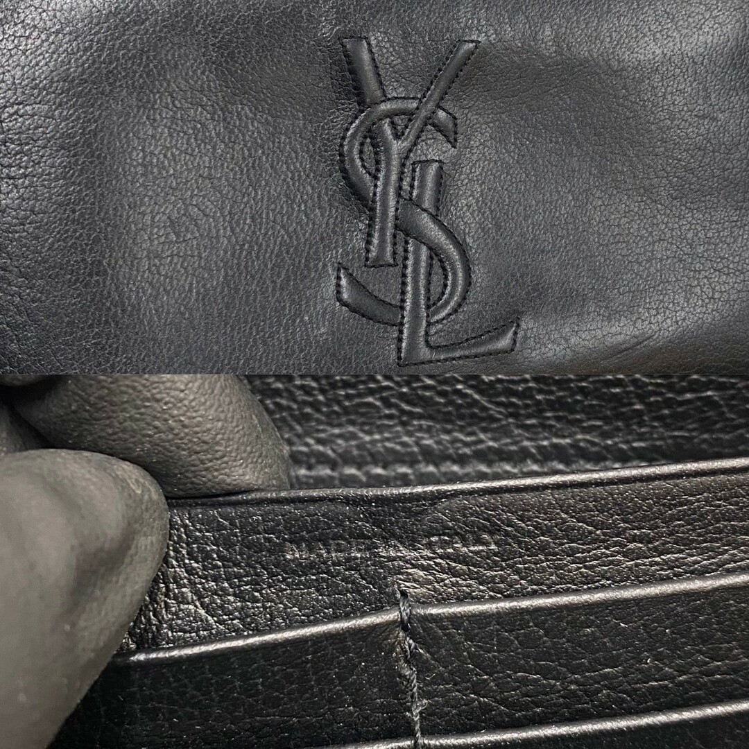 極 美品 YVES SAINT LAURENT イヴ・サンローラン YSL カサンドラ ロゴ ステッチ ラウンドファスナー レザー 長財布 ウォレット  黒 46042