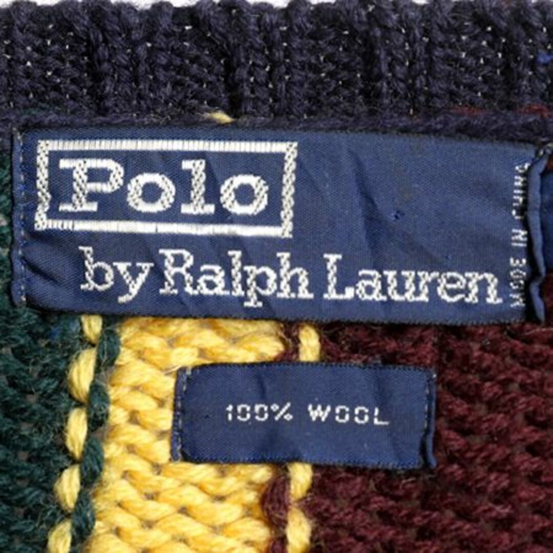 Ralph Lauren(ラルフローレン)の90s ポロ ラルフローレン Vネック ストライプ ウール ニット セーター L メンズのトップス(ニット/セーター)の商品写真