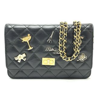 シャネル(CHANEL)のシャネル CHANEL マトラッセ A80441 2.55 エンブロイダリー スタッズ チェーンウォレット ショルダーバッグ ラムスキン ブラック 美品(ショルダーバッグ)