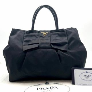 プラダ(PRADA)の良品✨プラダ ハンドバッグ ロゴ リボン ナイロン レザー A4収納 ブラック(トートバッグ)