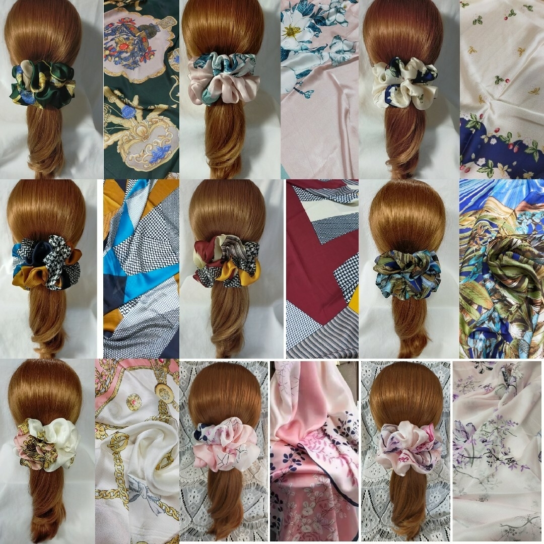 シルク調　ヒダ多めボリュームスカーフシュシュ★一覧各690円52種類 レディースのヘアアクセサリー(ヘアゴム/シュシュ)の商品写真