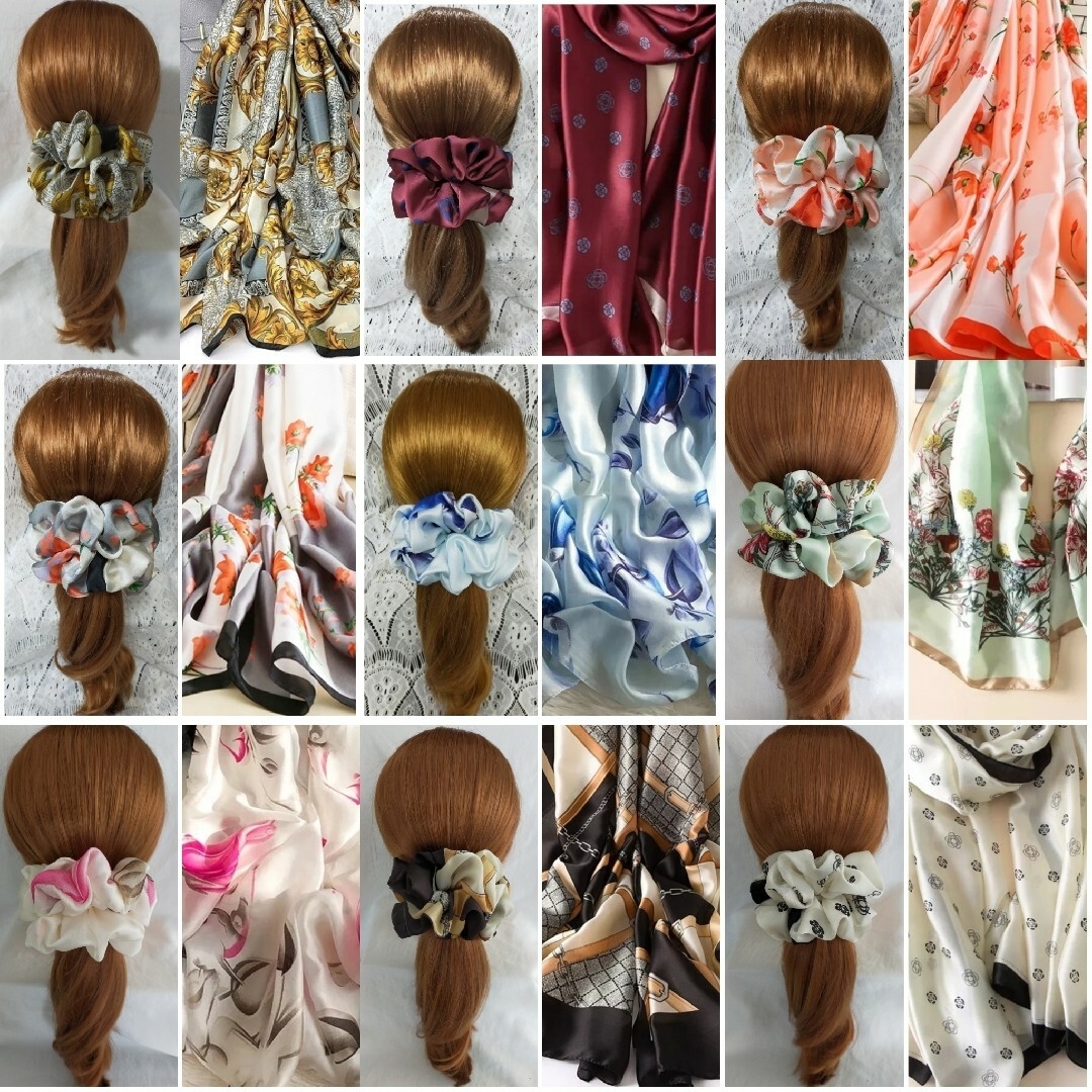 シルク調　ヒダ多めボリュームスカーフシュシュ★一覧各690円52種類 レディースのヘアアクセサリー(ヘアゴム/シュシュ)の商品写真