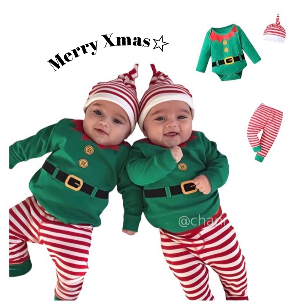 子ども エルフボーダーレギンスロンパース 3点セット クリスマス コスチューム キッズ/ベビー/マタニティのキッズ服男の子用(90cm~)(その他)の商品写真