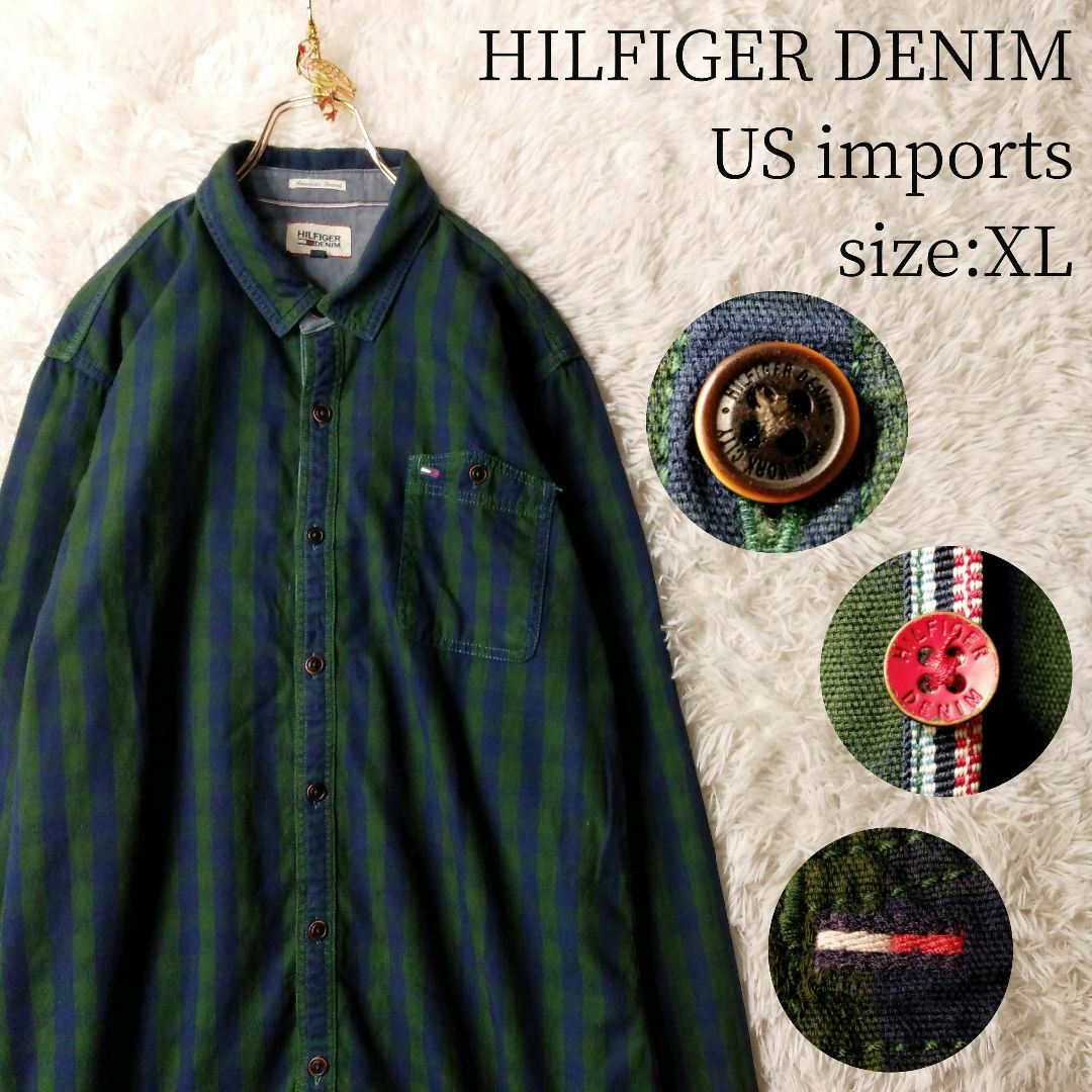 HILFIGER DENIM(ヒルフィガーデニム)のUS輸入古着 ヒルフィガーデニム 長袖シャツ チェック グリーン×ネイビー XL メンズのトップス(シャツ)の商品写真