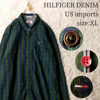 ヒルフィガーデニム(HILFIGER DENIM)のUS輸入古着 ヒルフィガーデニム 長袖シャツ チェック グリーン×ネイビー XL(シャツ)