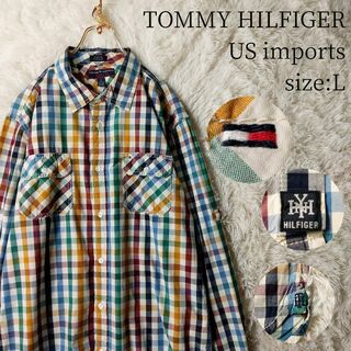 トミーヒルフィガー(TOMMY HILFIGER)のUS輸入古着 トミーヒルフィガー 長袖シャツ チェック柄 マルチカラー Lサイズ(シャツ)