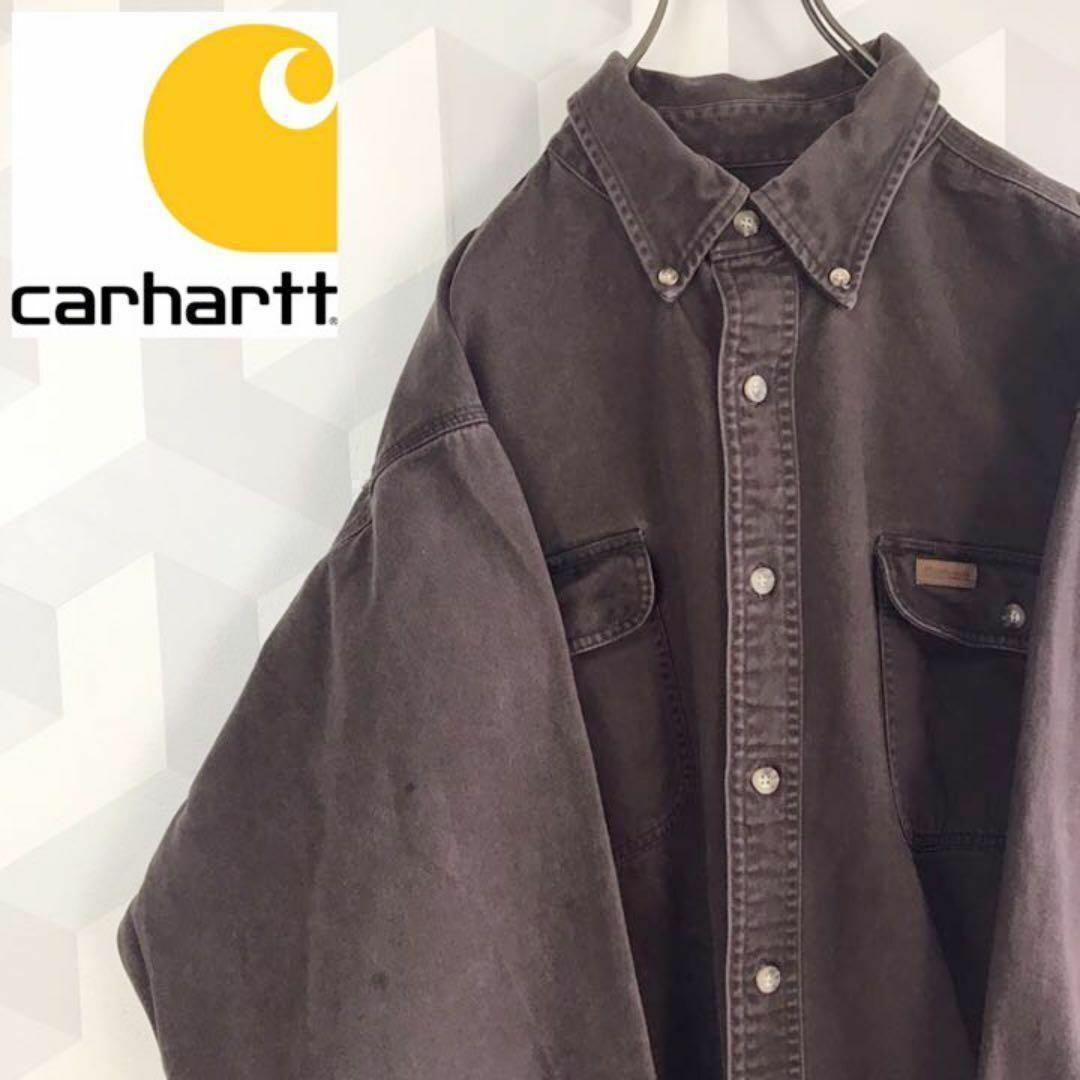 トップス【カーハート】XLサイズ 革ロゴ 肉厚ワークシャツ 茶ブラウンcarhartt