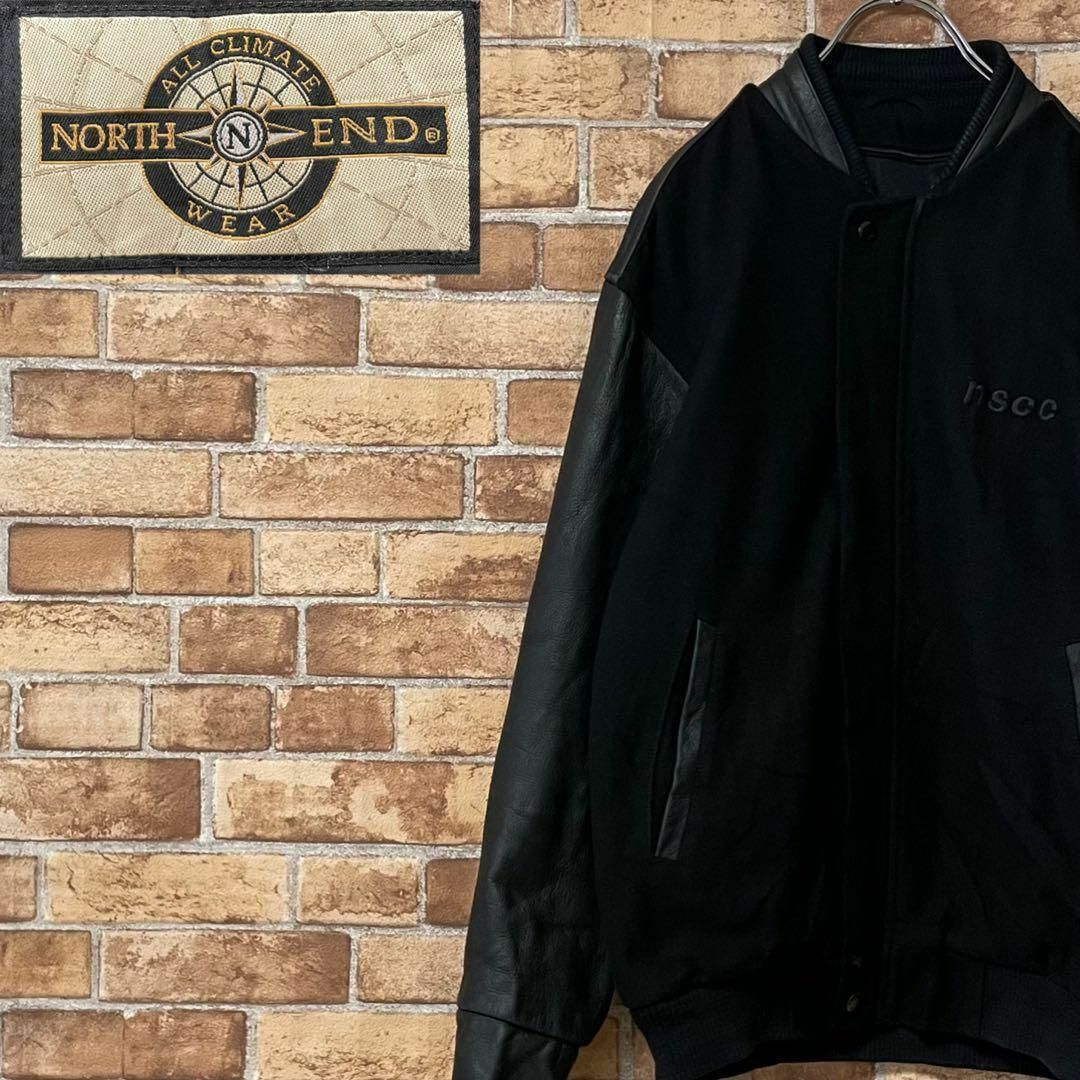 ヴィンテージ　袖革ウールスタジャン　刺繍ロゴ　黒　レザー　ジップアップ　S