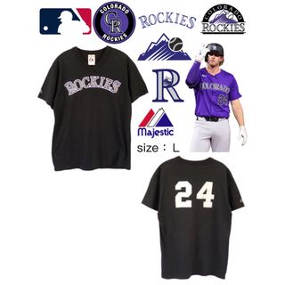 マジェスティック(Majestic)のMLB　ロッキーズ　Vネック　Tシャツ　L　黒　USA古着　USA製(Tシャツ/カットソー(半袖/袖なし))