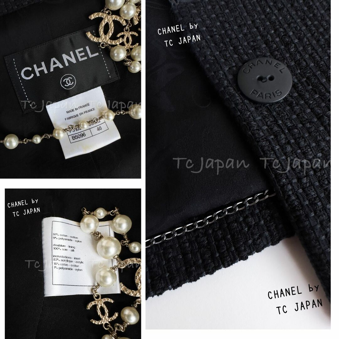 CHANEL(シャネル)の新品同様 シャネル CHANEL キーラ ナイトレイ着用 ブラック ツイード ジャケット ココボタン 希少サイズ 46 レディースのジャケット/アウター(ノーカラージャケット)の商品写真