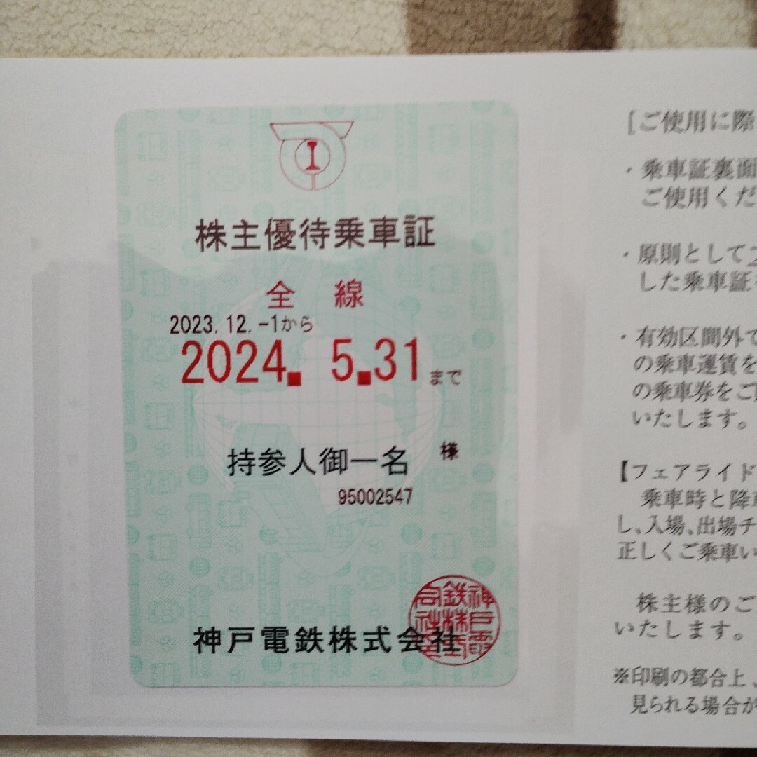 神戸電鉄 株主優待乗車証 1枚 チケットの乗車券/交通券(鉄道乗車券)の商品写真