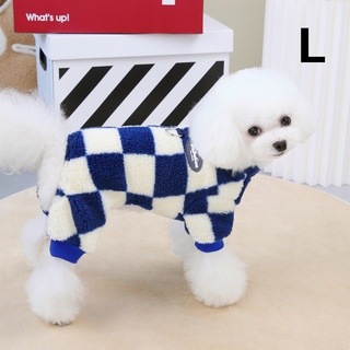 犬服 猫服 ペット服 チェスチェック柄ボアフリースロンパース Lサイズ ネイビー(犬)