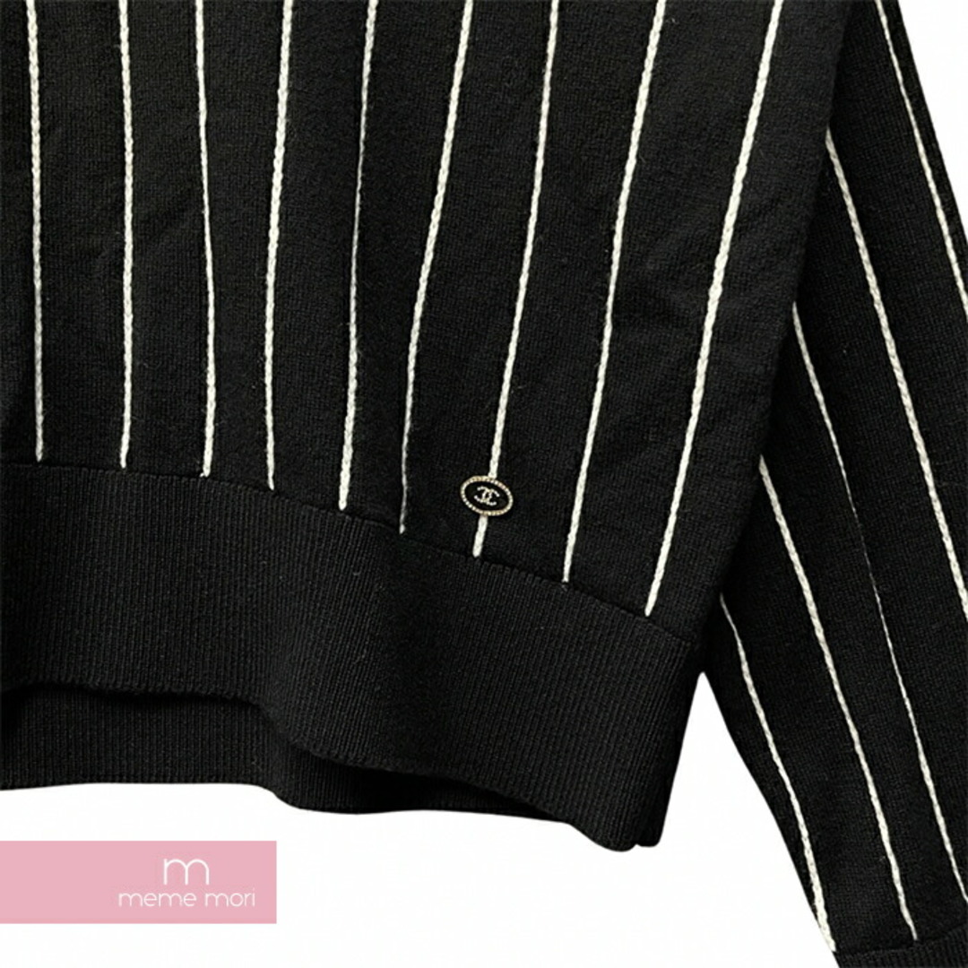 CHANEL(シャネル)のCHANEL 2023SS Stripe Cashmere Sweater P74734K10713 シャネル ストライプカシミヤセーター ニット ココマーク  パイル地ロゴパッチ ブラック サイズ50【231120】【中古-A】【me04】 メンズのトップス(ニット/セーター)の商品写真