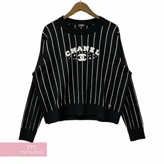 シャネル(CHANEL)のCHANEL 2023SS Stripe Cashmere Sweater P74734K10713 シャネル ストライプカシミヤセーター ニット ココマーク  パイル地ロゴパッチ ブラック サイズ50【231120】【中古-A】【me04】(ニット/セーター)