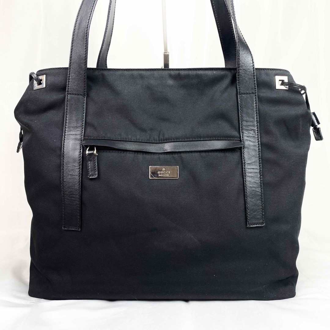 GUCCI トートバッグ キャンバス×レザー 黒 ロゴプレート A4可 肩掛け可