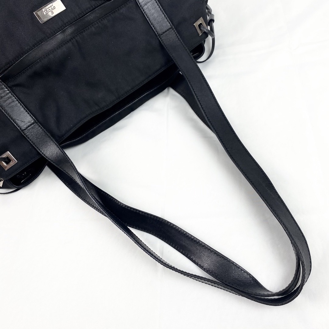GUCCI トートバッグ キャンバス×レザー 黒 ロゴプレート A4可 肩掛け可