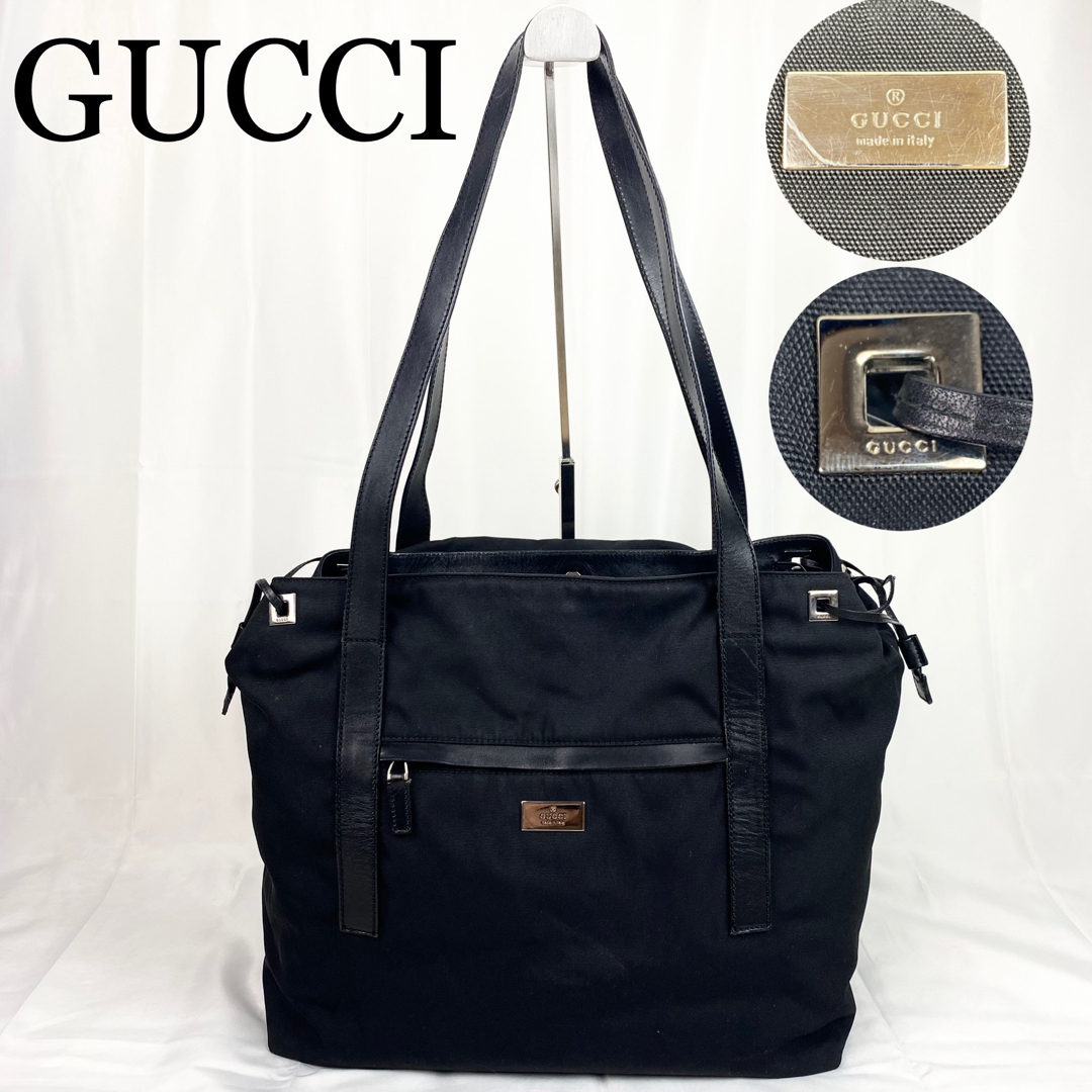GUCCI トートバッグ キャンバス×レザー 黒 ロゴプレート A4可 肩掛け可 | フリマアプリ ラクマ