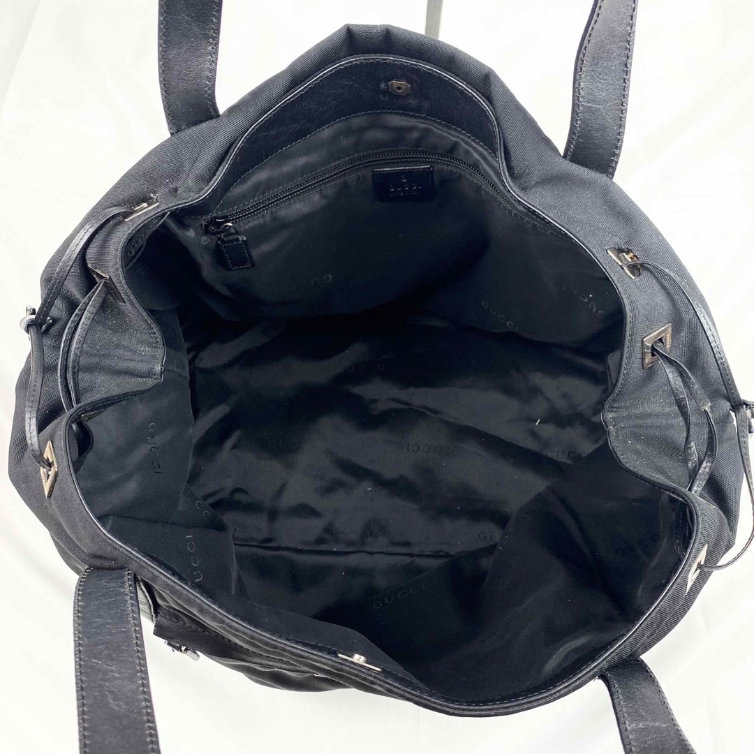GUCCI トートバッグ キャンバス×レザー 黒 ロゴプレート A4可 肩掛け可
