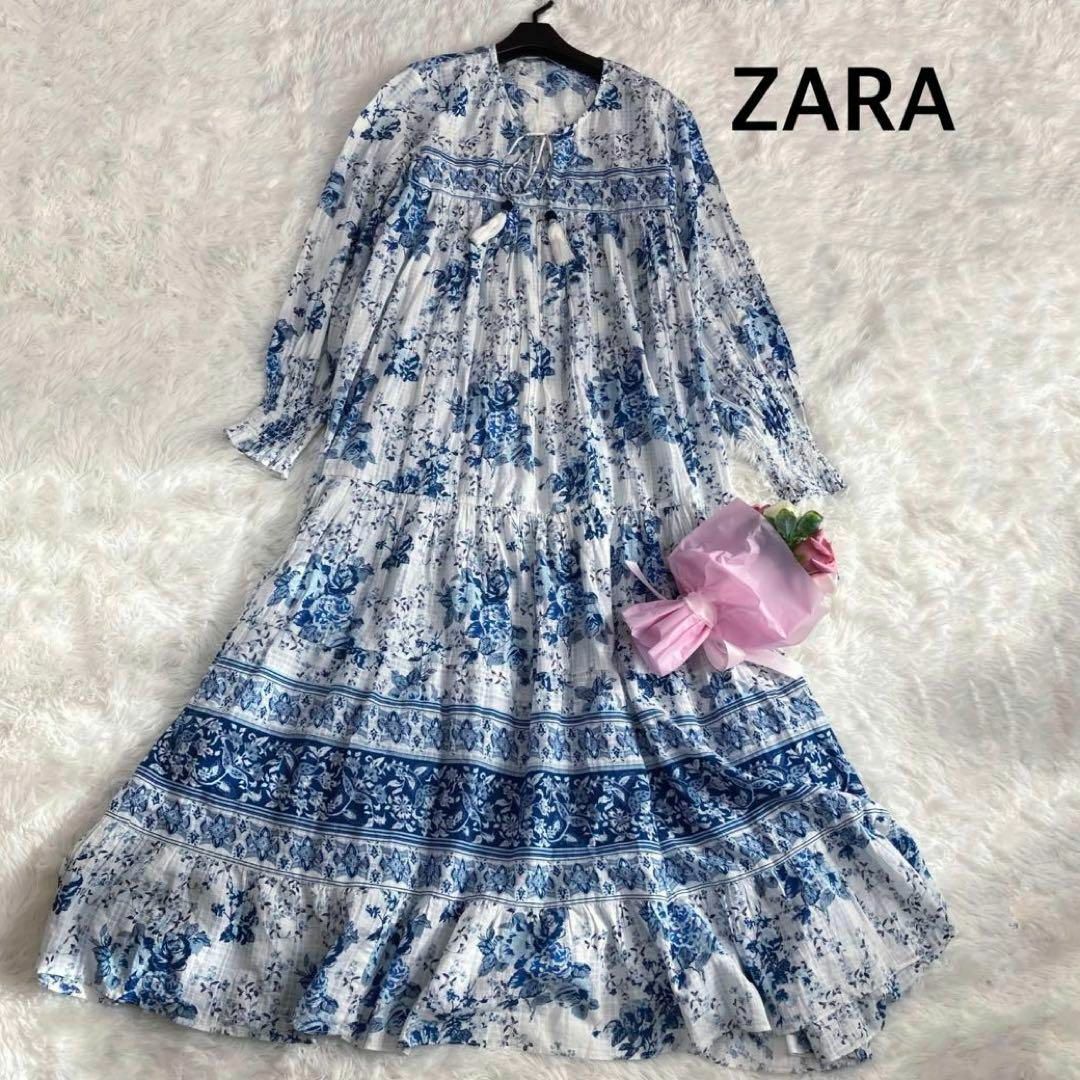 ZARA(ザラ)のZARA ワンピース　ブルー　ロング丈　マキシ丈 レディースのワンピース(ロングワンピース/マキシワンピース)の商品写真
