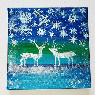 ヒーリング幸せ絵画＊素敵な雪の夜～秘密の森～雪の結晶　FOL鹿　金運チャンス繁栄(アート/写真)