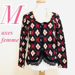 アクシーズファム(axes femme)のアクシーズファム　カーディガン　M　アーガイル　グレー　ベージュ　レッド　ファー(カーディガン)