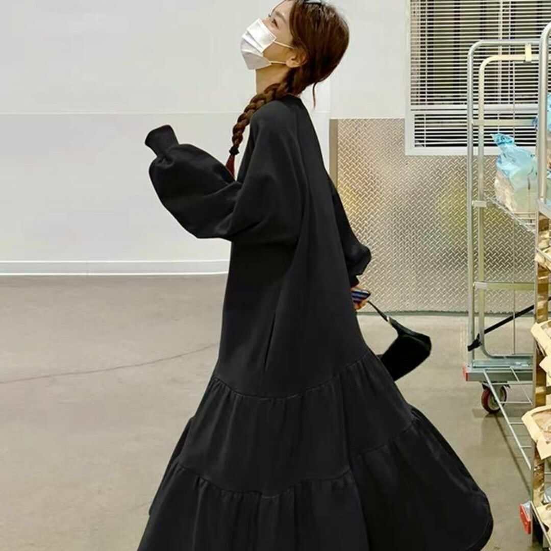 【ラスト1点”！】ダブルフリル  ロング ワンピース スウェット韓国ファッション レディースのワンピース(ロングワンピース/マキシワンピース)の商品写真