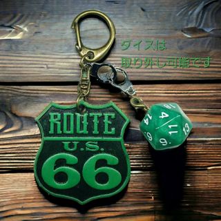 ハンドメイドROUTE66 ヌメ革 ダイス キーホルダー アンティーク　グリーン(キーホルダー)