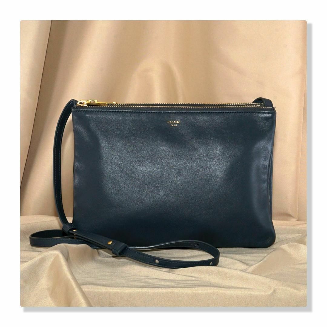 【美品】CELINE セリーヌ トリオ ラージ ショルダーバッグ 新ロゴ グレー