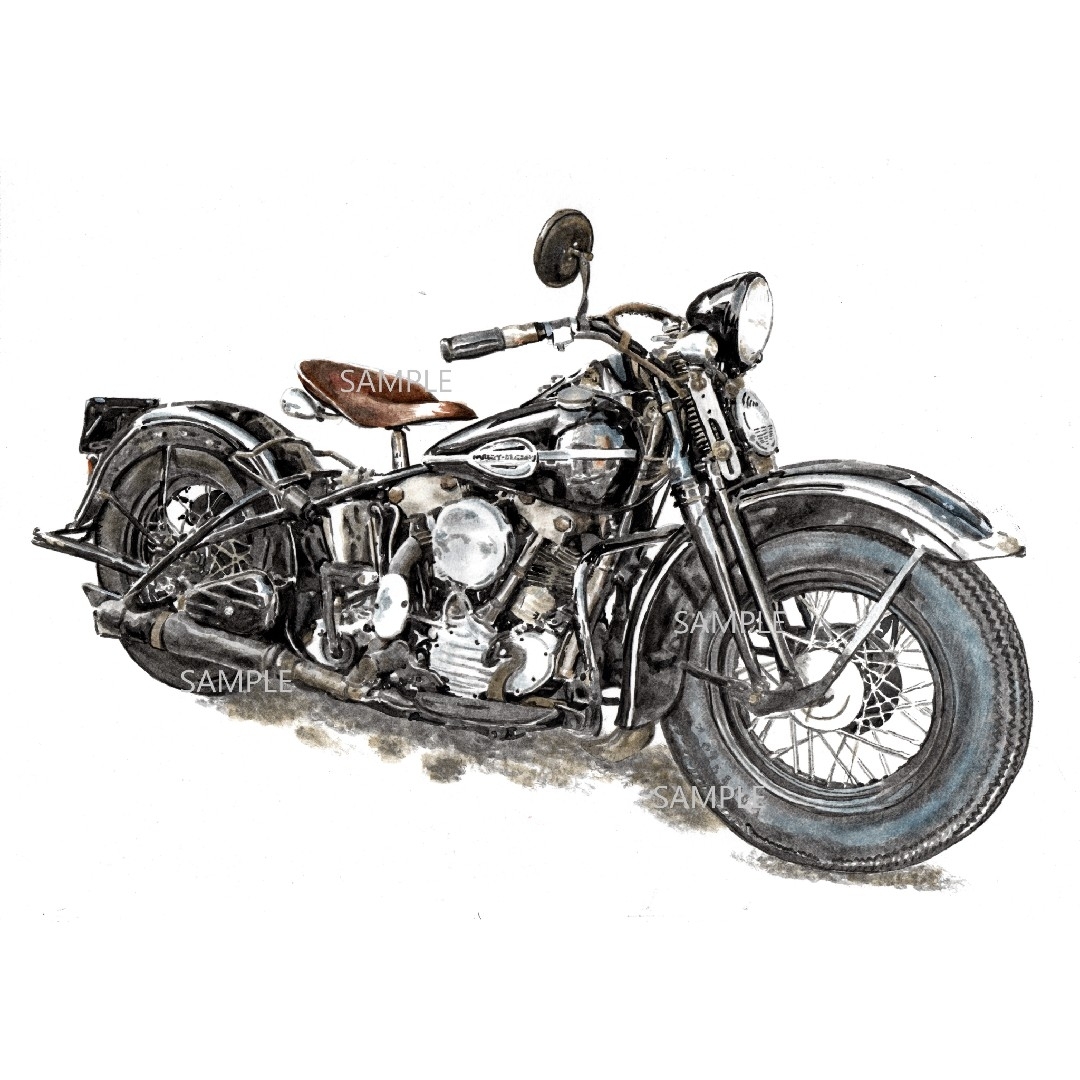 Harley Davidson(ハーレーダビッドソン)のハーレーダビッドソン 1941FL  ナックルベッド 水彩画 バイク イラスト 自動車/バイクのバイク(その他)の商品写真