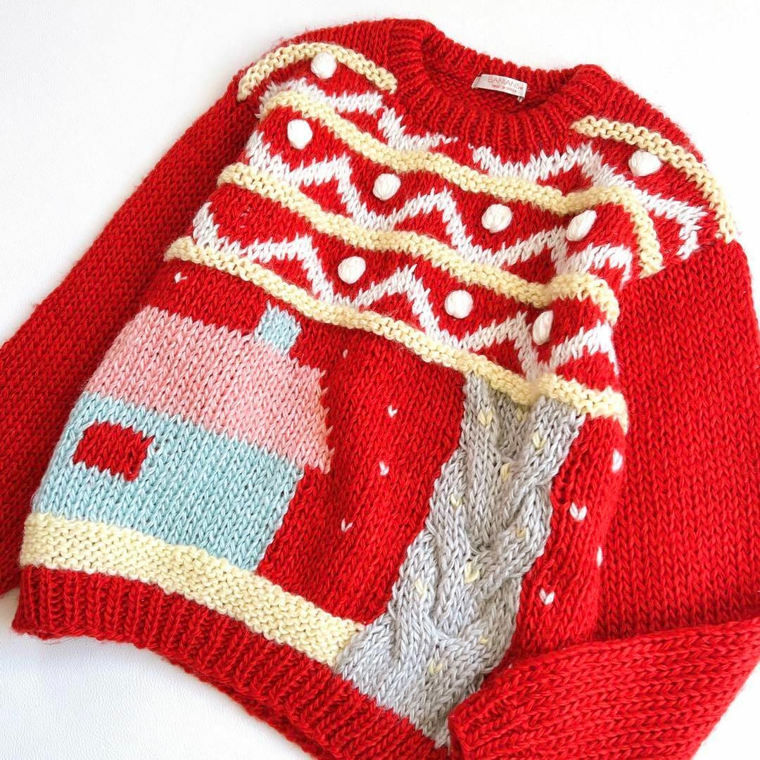 3D立体　ポンポン付　雪　刺繍　ゆったり　ハンドニット　ざっくり編み　セーター