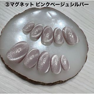 ③ネイルチップ ハンドメイド マグネット ピンクベージュシルバー(つけ爪/ネイルチップ)