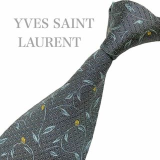 イヴサンローラン(Yves Saint Laurent)の【美品】イヴサンローラン ネクタイ グレー ライトブルー 花柄 植物柄 光沢(ネクタイ)