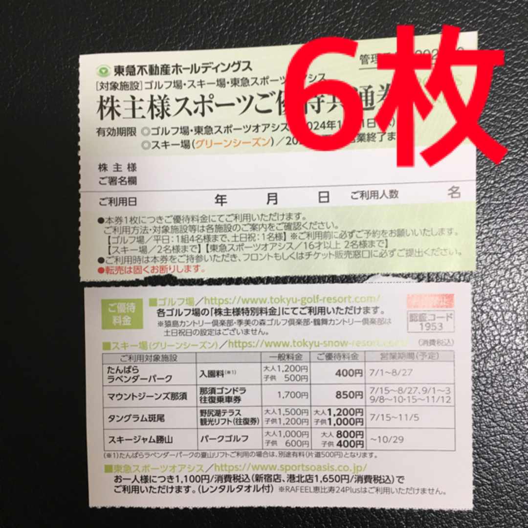 ★東急不動産株主優待 6枚★東急スポーツオアシス チケットの施設利用券(フィットネスクラブ)の商品写真