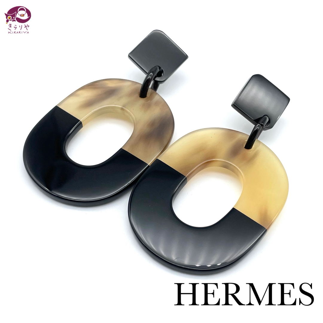 Hermes(エルメス)のエルメス ピアス イスム バッファローホーン ラッカー ブラウン × ブラック  レディースのアクセサリー(ピアス)の商品写真