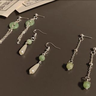 ザラ(ZARA)の真珠瑠璃平安扣流蘇墜 白緑銀色ピアス3ペア　ハンドメイド　新中式　着物和服　漢服(ピアス)