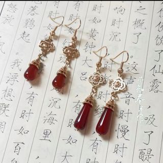 曼荼羅花台琉璃墜 赤金色ピアス2ペア　縁起物　中華風　ハンドメイド　着物和服漢服