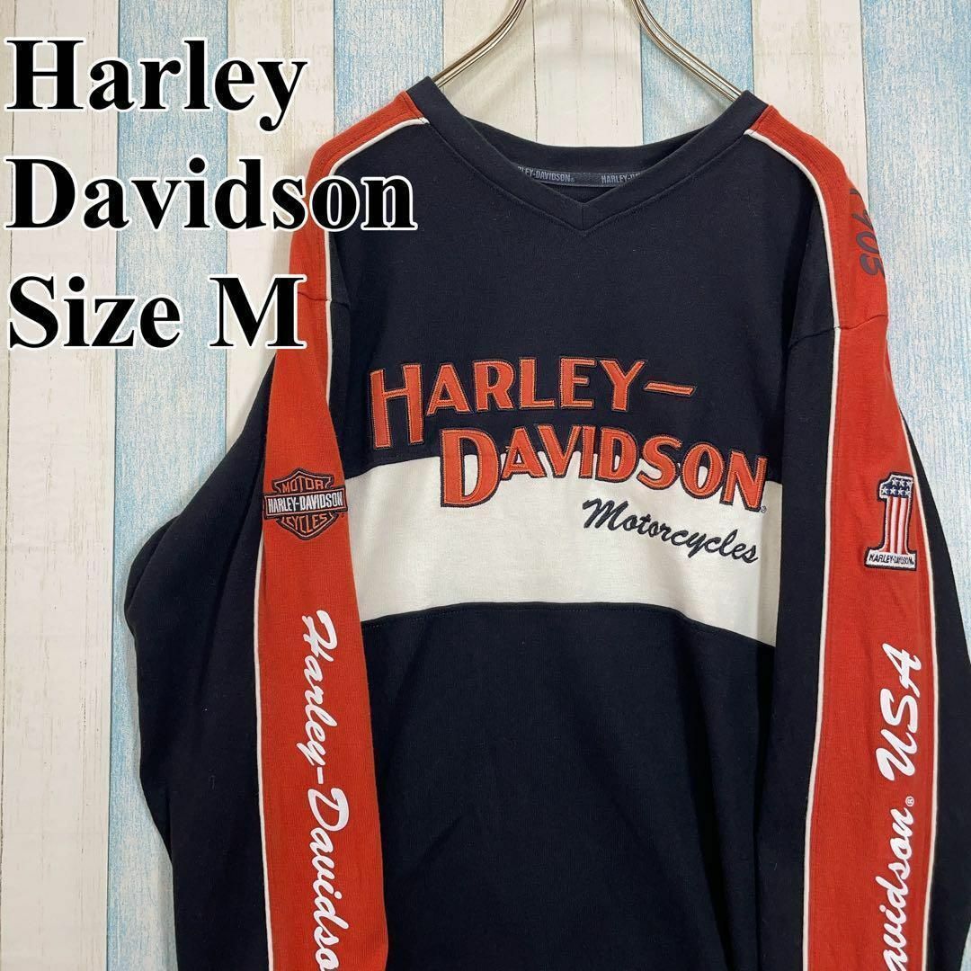 Harley Davidson(ハーレーダビッドソン)のハーレースエット　両面ロゴ　黒オレンジバイカラー　薄手スエット　ラバーロゴ古着 メンズのトップス(スウェット)の商品写真