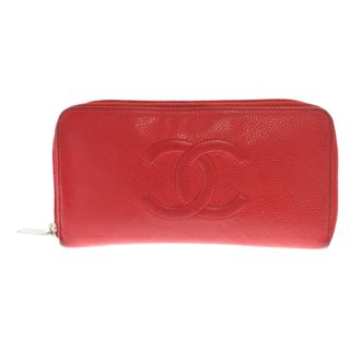 シャネル(CHANEL)のCHANEL シャネル ココマーク キャビアスキン ラウンドファスナー 財布 長財布 ウォレット レディース レッド/ゴールド A50071(財布)